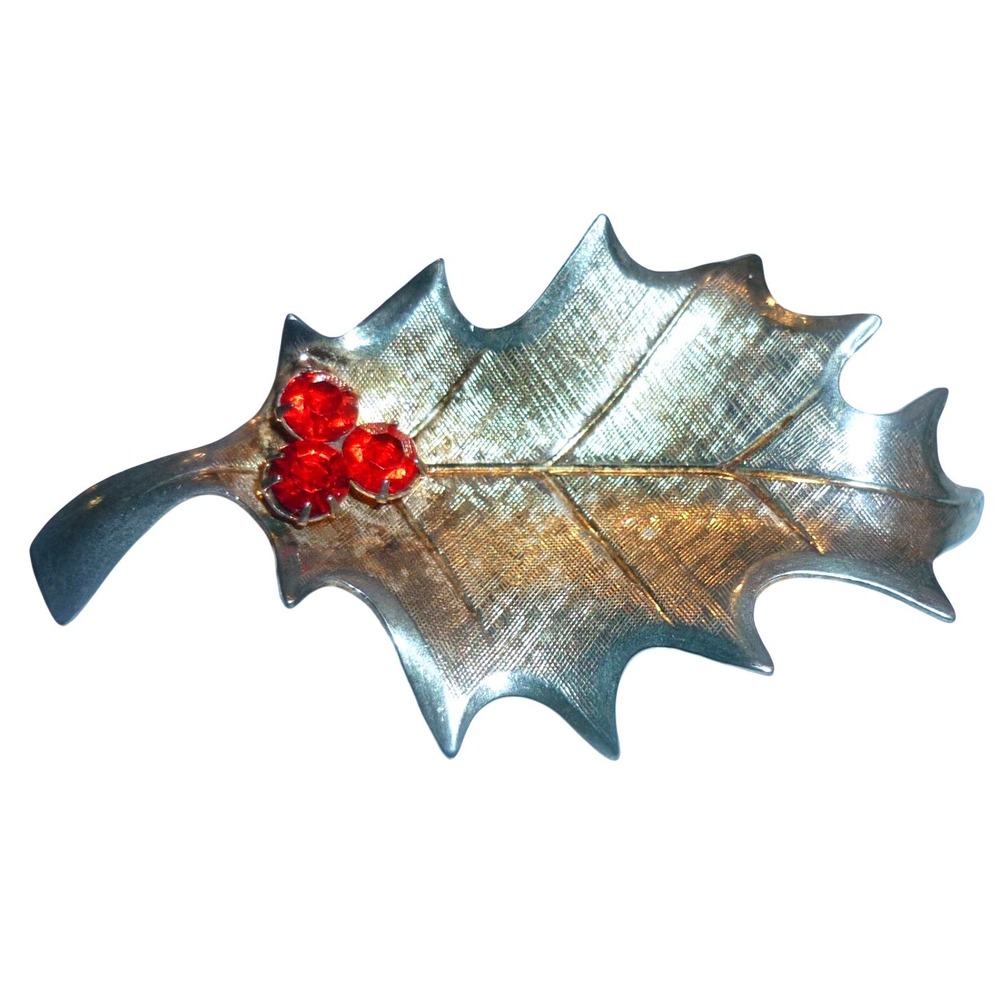 Vintage Gold Tone Holly Leaf Brooch Red Rhinestone‎ Berries Christmas Pin 2.25"